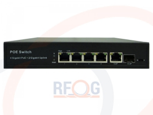 Panel frontowy - Switch optyczny Gigabit Ethernet zasilanie PoE, niezarządzalny, 4 porty RJ45, 1x SFP - POE-S4011GB-SFP-PTS