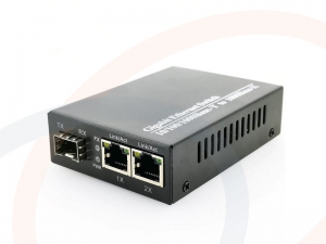 Media konwerter RF-SW222-1XSFP-2XRJ45-1000M posiada jeden port SFP oraz dwa porty RJ-45 do obsługi konwersji pomiędzy sieciami 10/100/1000BASE-T i 1000BASE-X.